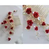 Jonnafe Red Rose Floral Headpiece For Women Prom Rhinestone Bridal Hair Comb Accessories Handmade Wedding Hair Jewelry X0625