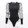 Women's Jumpsuits & Rompers Sexy Puff Long Sleeve Black Mesh Bodysuit Women Autumn Party Body Suits Tops Female O Neck Slim Polka Dot Bodyco