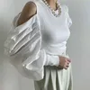 Tricô Stitching Mulheres na moda Plus Size Camiseta Cabeça Dobra Lanterna Sleeves Blusa Korea Chic Round Neck Summer 210510