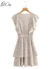 Femmes volants robes d'été sans manches élastique taille haute florale plissée robes en cascade mini robe robe 210430