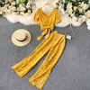 Temperament Fashion Bohemian Spring Floral Sets Two-piece Bow Tie Short Top Women High-waist Wide-leg Pants C279 210506