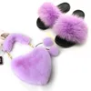 Damskie Letnie Futro Futro Slajdy i Furry Faux Furry Purse Panie Solid Color Rabbit Włosy Torby Zestaw Puszyste Pluszowe Kapcie Home 2020 Y0731