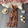 Summer Retro Fashion Suspender Jumpsuit Female Print V-neck Open Back Sleeveless Waist Belt Wide Leg Holiday Wind C148 210507