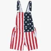 夏ユニセックスアメリカの国旗プリントダブルショルダーストラップデニムプレイスーツ女性ポケットボタンロンパースレディースジャンプスーツプラスサイズ210604