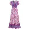 Foridol Bohemian Floral Print Maxi Długa sukienka Kobiety V Neck Wzór Guzik Plaża Letnia Dress Purple Boho Wakacje Dress 210415