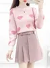 Autunno Inverno Elegante casual Abito a due pezzi in maglia a cuore Maglione pullover + Fasce a vita alta Gonna rosa di lana Set 210529