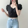 Korean V-neck Short Sleeve Shirt Woman Fashion Elastic Waist Slim Fit Blouse Ladies Nordic Corset White Black Crop Top Women 210514