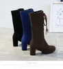 Élégant mi-mollet Designer bottes bout rond antidérapant à lacets chaussures en daim femmes talons épais avec boucle 3 couleurs solides chaussons courts