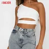 Tangada Women White Strethy Off Shoulder Camis Top senza maniche Backless Short Crop Camicie Donna Solid Top 4P82 210609