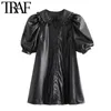 Women Chic Fashion With Ruffled Faux Leather Mini Dress Vintage Puff Sleeve Button-up Female Dresses Vestidos 210507