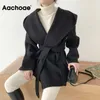 Aachoae Women Solid Color Wool Coats With Belt Long Sleeve Hoodie Pockets Coats Female Chic Elegant Outerwear 211019