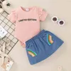 Zomer kinderen sets casual korte mouw o nek brief roze rompertjes print regenboog rok 2 stks meisjes jongens kleding set 210629