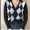 Vintage Argyle Sweater Cardigan Vrouwen Herfst Knit Lange Mouw V-hals Bovenkleding Elegante Gebreide Dames Truien