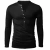 Unique T shirt Men Brand Single Breasted V Neck Long Sleeve Henley Shirt European Fashion Dark Gray Tee Shirt Men T-shirt XXL 210409