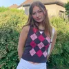 Preppy Style Violet Argyle Plaid Chandail Tricoté Gilet Femmes 90's Vintage Vêtements Coréens Rayé Col En V Débardeur Y2K Tricots 210429