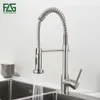 FLG Spring Style Kitchen Faucet Brushed Nickel Sink Faucet Pull Out Torneira All Around Swivel 2-Function Water Outlet Mixer Tap 210724