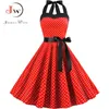 Kvinnor Polka Dot Print Sommarklänning Sexig Retro Vit Halter Vintage Plus Storlek Robe Femme Pin Up Rockabilly Party 220308