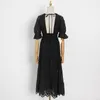 Black Lace Up Bowknot Dress For Women V Neck Puff Half Sleeve Hig Waist Hollow Out Midi Dresses Female Fashion 210520