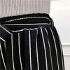 Sommar Striped Style Black Loose High Waist Crop Casual Byxor Kvinnor One Size Chiffon Wide-Ben Pants Plus Size 211112