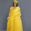 Elegancka żółta siatka Sukienka Sukienka Damska Lato Okrągły Neck Krótki Rękaw Mid-Calf Suknie Kobiet Tide 5C991 210427