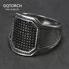 Solid 925 zilveren ringen cool retro vintage Turkse ring bruiloft sieraden voor mannen zwarte zirkoon steen gebogen ontwerp comfortabele Past op 211217