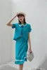 Niebieski Zielony Vintage Top Peter Pan Collar Bluzka Kobiety Wzburzyć Krótki Rękaw Summer Crop Japanese Odzież 210427