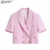 Zevity Femmes Doux Double Boutonnage Col Entaillé Rose Tweed Laine Court Blazer Manteau Vintage Femme Survêtement Chic Tops CT681 210603