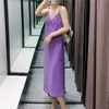 ZA Ruched Flowy Summer Dress Women V-neck Midi Dresses with Adjustable Spaghetti Straps Elegant Backless Party Long Dress 210602