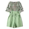 Women Green Slash Neck Plaid Flare Half Sleeve Top Empire Sash Pocket Short Bib Pants Casual Two-piece Set T0325 210514