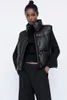 Kadın Yelekler Siyah Stand Yakası Kadın Moda Fermuarı Pu Deri Katlar Zarif Sonbahar Kış Kısa Kadın Bayanlar AE713 STRA22