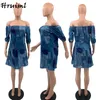 Sommar klänningar av axel färgblock imitation denim tyg lös mode mini klänning streetwear chic casual elegant robe femme 210513