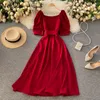 Neploe Square Collar Clavicle Exposed Sexy Dress Women High Waist Hip Sashes A Line Vestidos Short Sleeve Summer Solid Robe Slim 210423