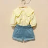 Maluch Girl Puff Sleeve Top Lato Nastoletnie Dziewczyny Przycisk Żółty Bluzka Moda Dzieci Turn-Down Krótkie Koszulki 210622