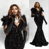 Plus storlek svart aftonklänning v nackfjädrar Sequin prom klänningar afrikanska kvinnors klänningar Vestido de novia