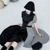 [EAM] Women Black Spliced Ruffle Irregular Dress Round Neck Short Puff Sleeve Loose Fit Fashion Spring Summer 1DD7553 21512