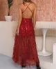 Sexy Red Sequins Summer Dress Women Bandage Bodycon Beach Party Long Elegant Backless Night Club es Vestidos 210517