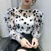 Nomikuma O Neck Puff Sleeve Gaze Shirt Kvinnor Två Piece See Through Flower Pattern Fashion Blouse Ankomst Blusas Mujer 3c636 210514