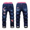 Arrival Warm Jeans for Children Girls Nice Flower Embroidery Pants Kids Winter Denim Trousers Teenage Clothes 3-14 Year 210622