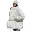 Корейский стиль зимняя куртка Parkas женщин стойки воротник сплошные черные белые женщины вниз пальто свободно негабаритные женские короткие парку 211018