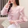 blusas mujer de moda Autumn Chiffon Blouses Casual shirts Elegant Pink Women Tops Long Sleeve V-neck 5548 50 210427