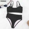 INGAGA Hohe Taille Bikinis Gerippte Damen Badeanzug Bademode Frauen Cut Out Badeanzüge Push Up Biquini Schwarz Set 210702