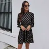 Autumn Spring Dress Fashion Black Elegant Ladies Gold Dots Skriv ut A Line Dresses For Women Party Clothes New Ankomst Fall 210415