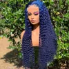 Perruques de cheveux humains longs bouclés bleu foncé avant de lacet perruque synthétique brésilienne à vague profonde sans colle pré-plumée avec BabyHair