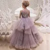 Flickor Aftonklänning Applique Flower Party Layered Ball Gown for Wedding Princess Barnkläder 2-13Y GD005 210610