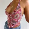 2021 Women V Neck Pink Y2k Crop Top Summer Halter Backless Off Shoulder Bandage Ruched Print Red Sexy Tank Tops Vintage Y0621