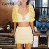 Backless Lace Up Embosery Yellow Kant Jurk Suits Dames Holle Strand Zomerjurk Sets Puff Sleeve Bodycon Mini Dress 210415