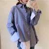 Frühling Street Style Oversize Lange Frauen Bluse Tunika Hemd Gestreifte Gefälschte Zwei Stücke Damen Shirts Taste Lose Weibliche Tops 210521