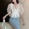 Ezgaga sexy blusa mulheres chiffon colheita tops ruffles slouff manga v-pescoço de vc up verão slim fino elegante camisas moda 210430