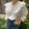 Women clothing White Harajuku Fashion Shirts lace stitching Blouses shirt V Neck Long Sleeve Cotton Blouse 121E 210420