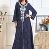 Vintage Ethnic Embroidered Maxi Dress Plus Size Navy Blue Long Sleeve Muslim Turkey Arabic Clothes for Women Fall 210517